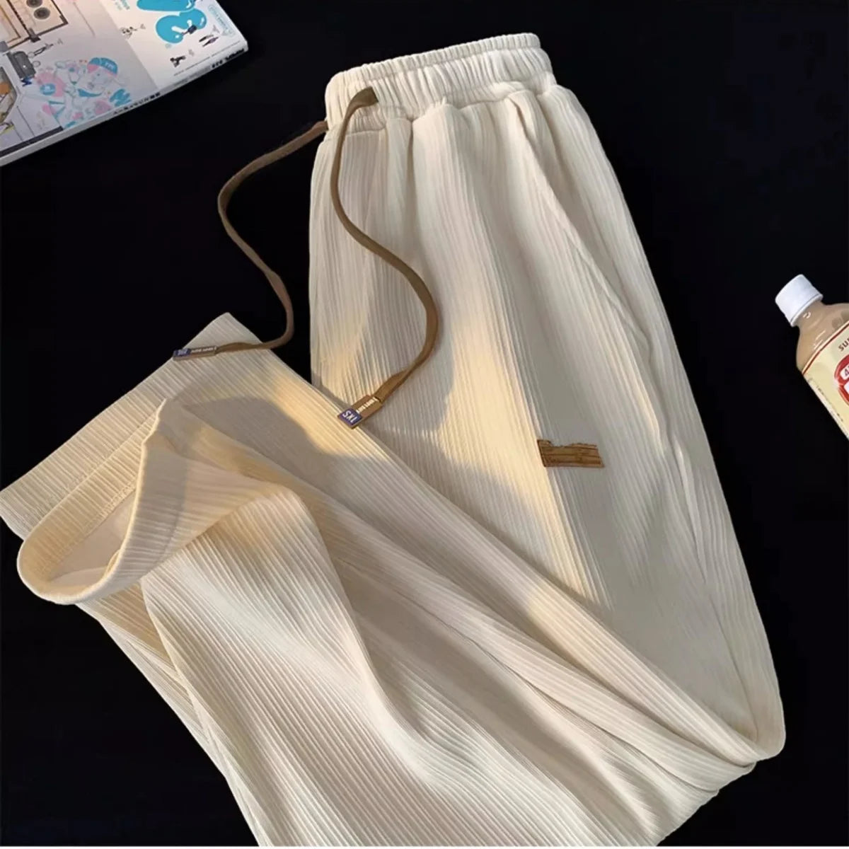 Women's Straight Pants Pleated Elastic Waist Drawstring Pocket Retro High Waisted sports Clothes Ladies' Loose Commuting Trouser