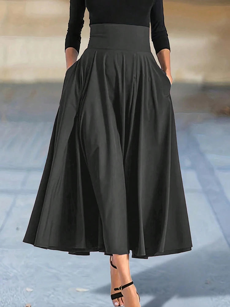 New In Dresses Solid Color A-line Skirts for Woman Clothing High Elastic Waist Long Skirt Women With Bow Elegant Women's Skirts