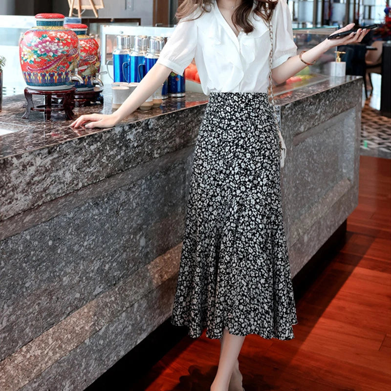 Elegant Fragmented Chiffon Half-Length Skirt Women Temperament Shirring Ruffles Hem Maxi Skirts Office Versatile A-Line Skirts