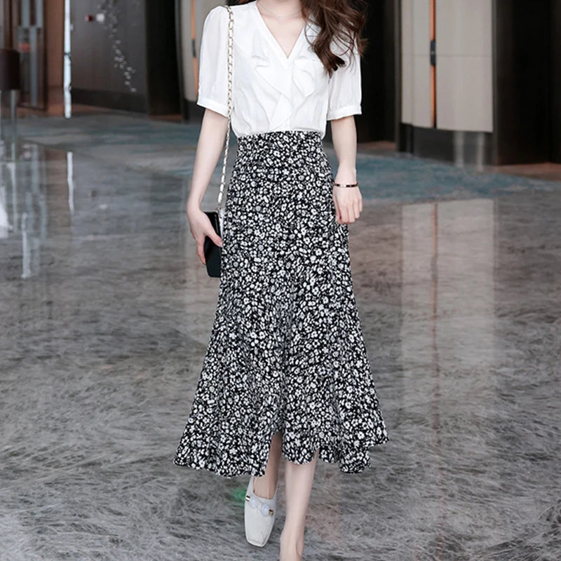 Elegant Fragmented Chiffon Half-Length Skirt Women Temperament Shirring Ruffles Hem Maxi Skirts Office Versatile A-Line Skirts