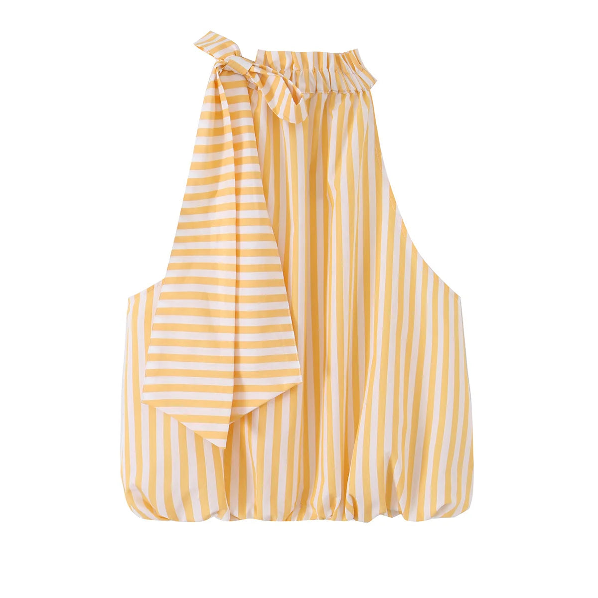 HH Women Summer Spring Preppy Fresh Yellow White Stripe Halter Blouse Spring Ruffle Neck Self Tie Sash Bubble Hem Loose Tank