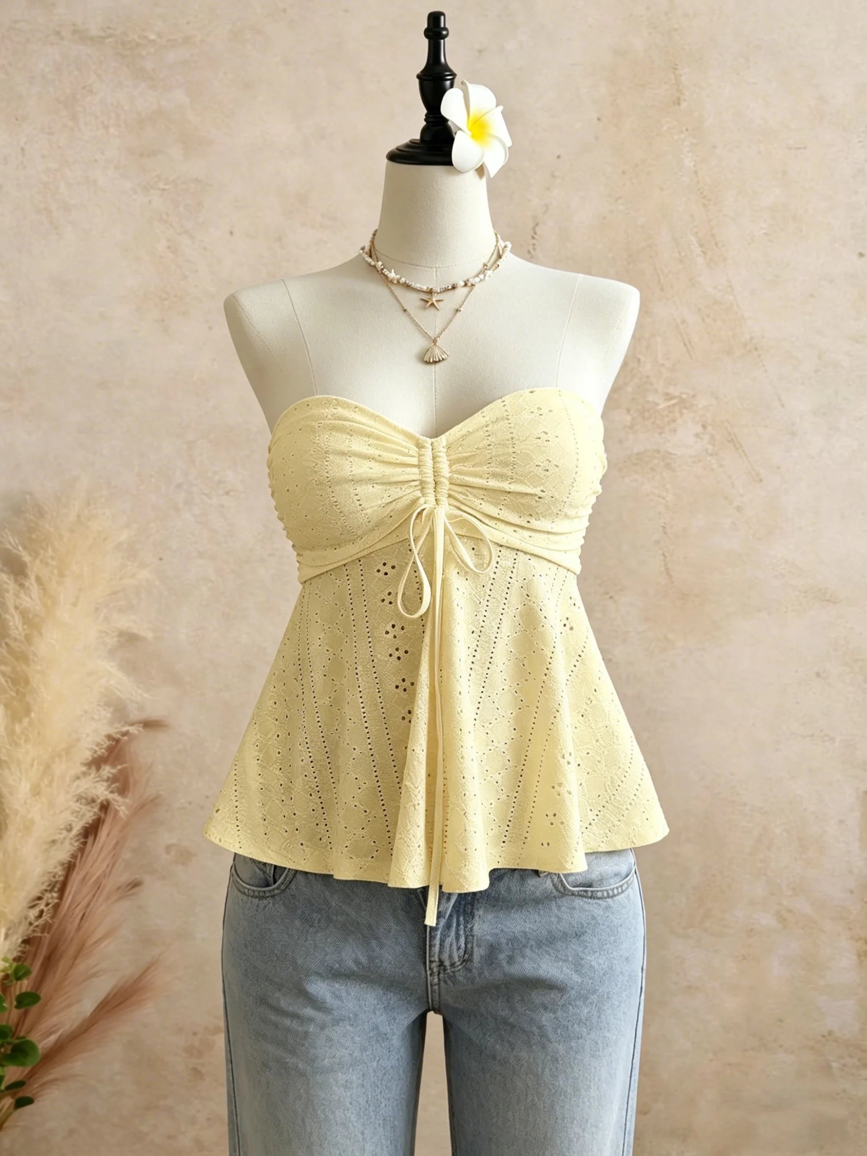 Women Yellow Eyelet Lace Tube Top Casual Ruched Tie Front Peplum Strapless Camisole