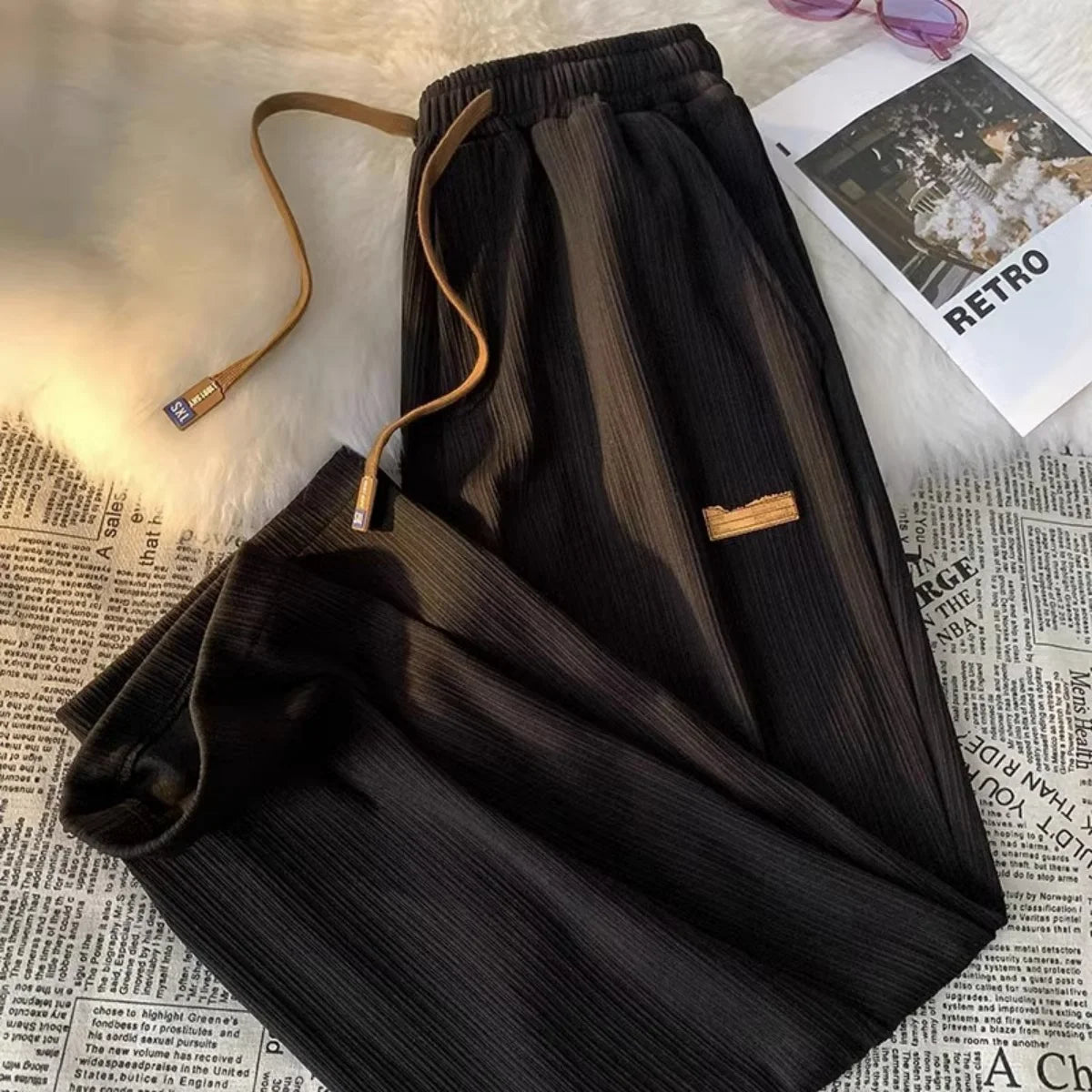 Women's Straight Pants Pleated Elastic Waist Drawstring Pocket Retro High Waisted sports Clothes Ladies' Loose Commuting Trouser