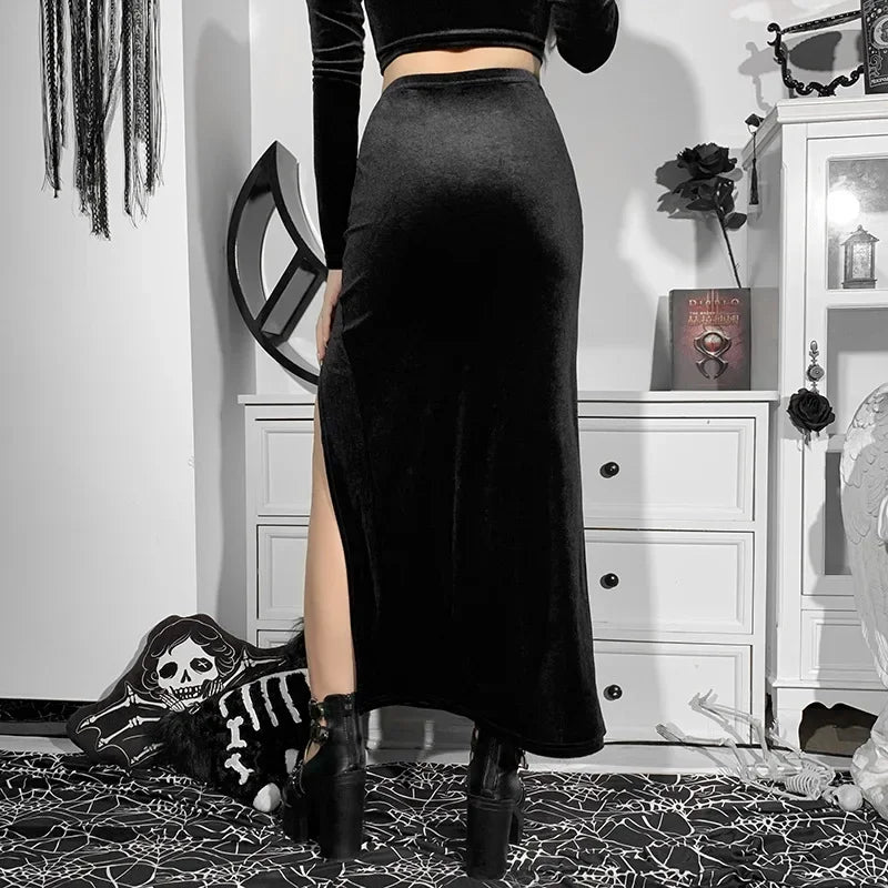 Punk Style Skirt Women's New Chic Halloween Festival Long Party Skirt High Waist Slim Bow Sexy Side Split Knee-Length Skirts