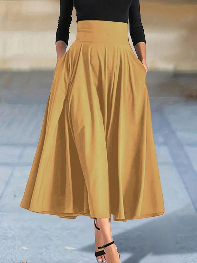 New In Dresses Solid Color A-line Skirts for Woman Clothing High Elastic Waist Long Skirt Women With Bow Elegant Women's Skirts
