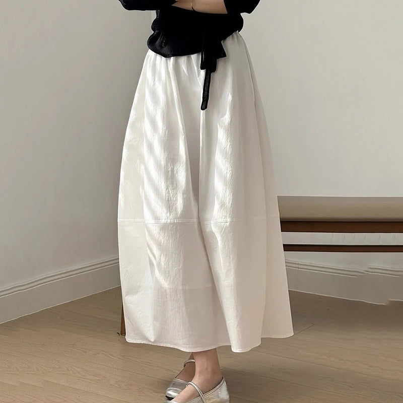 Spring Summer White Long Skirts for Woman Elegant Elastic High Waist Flared Umbrella Skirt Woman Casual Solid A-Line Maxi Skirt