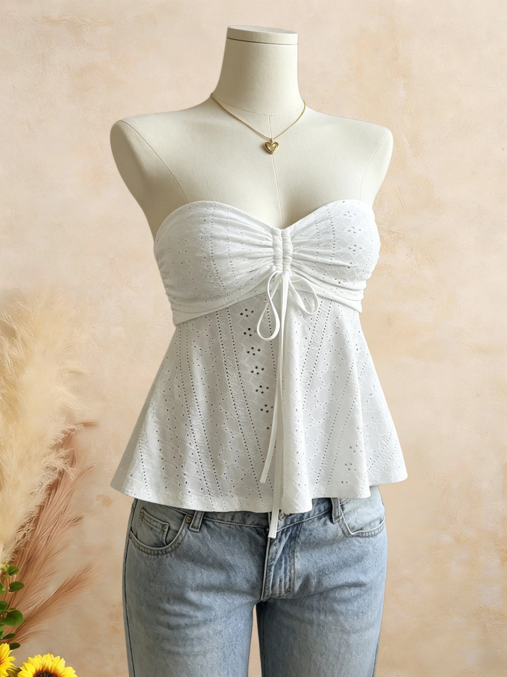 Women Yellow Eyelet Lace Tube Top Casual Ruched Tie Front Peplum Strapless Camisole