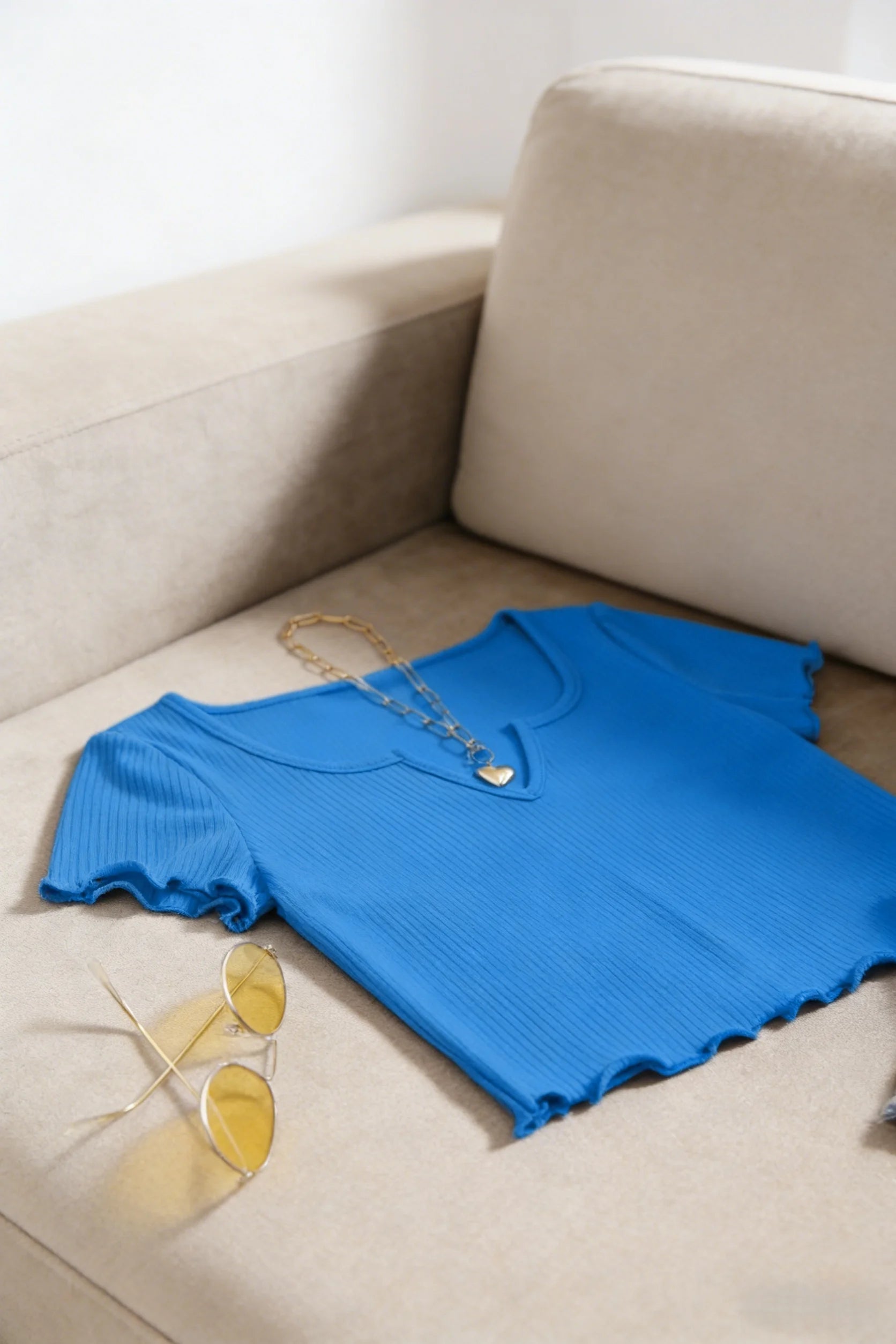 Women Bright Blue Ribbed Knit U-Neck Notch Front Ruffle Trim Short Sleeve Crop Top Casual Slim Fit Form Fitting T-Shirt For Dail