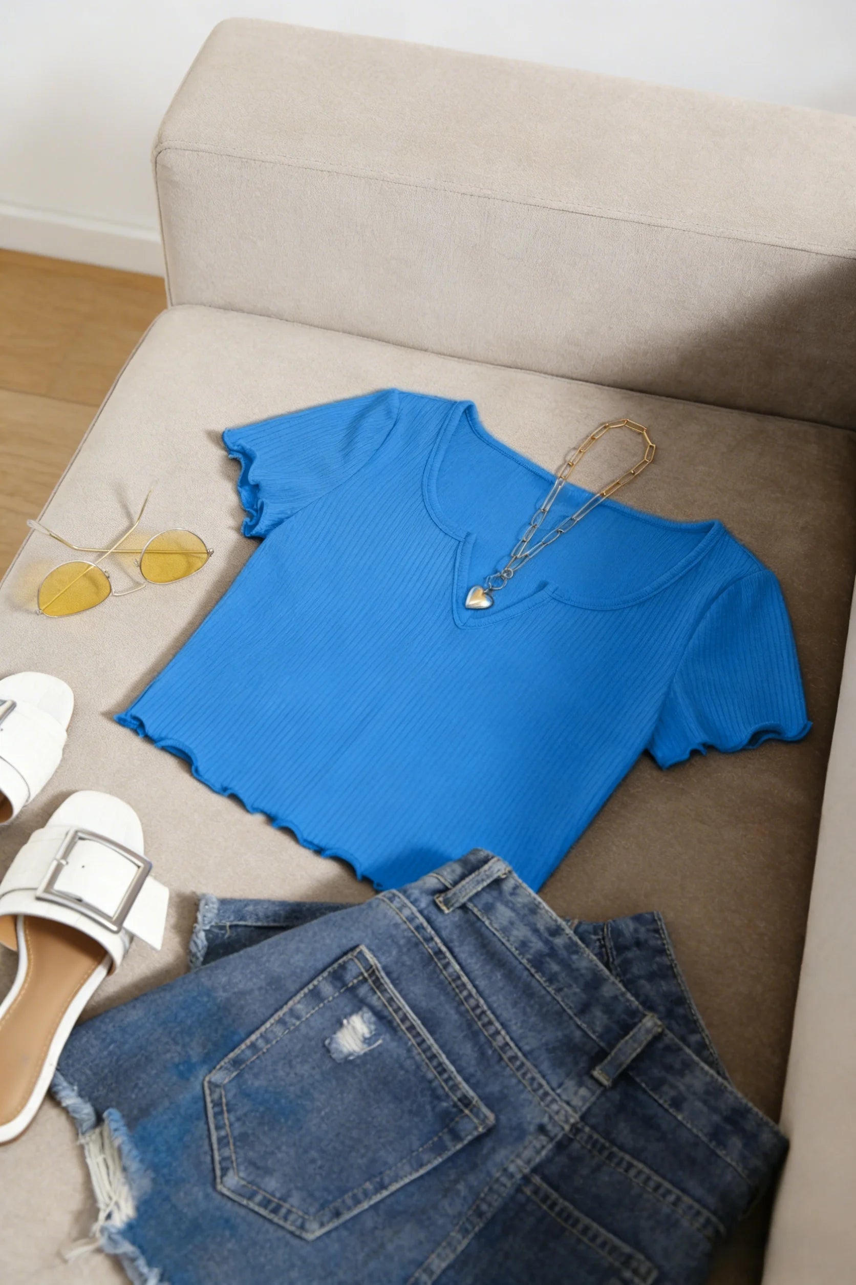 Women Bright Blue Ribbed Knit U-Neck Notch Front Ruffle Trim Short Sleeve Crop Top Casual Slim Fit Form Fitting T-Shirt For Dail