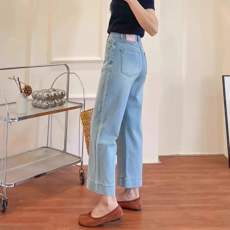 Women High Waist Wide Leg Pants Casual Loose Trousers Summer Solid Color Straight Fit Pocketed Ankle-Length Jeans