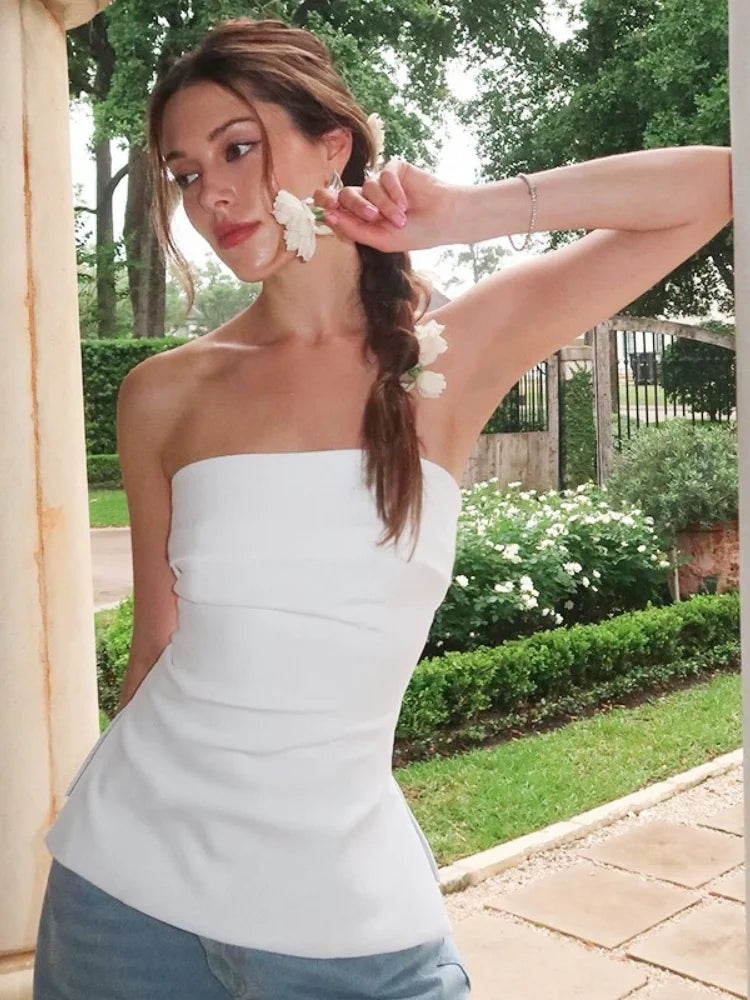 Summer Women Sexy Solid Slash Neck Backless Split Strapless Tube Top Slim Fit Party Daily Bandeau Bra