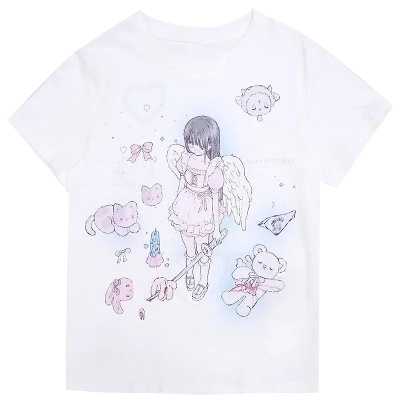 Anime Print Short Sleeve Loose T-shirt White Long Harajuku Subculture Tops Y2k Japanese Women Casual Fashion Summer 2026 Tees