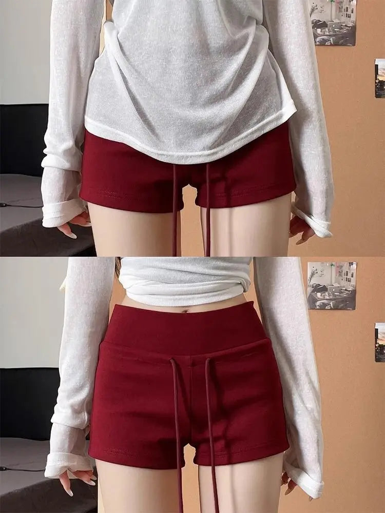 Red Shorts Women's Summer New Mid Waist Slim Fit Casual Drawstring Sports Pants Shorts for Women Womens Clothing