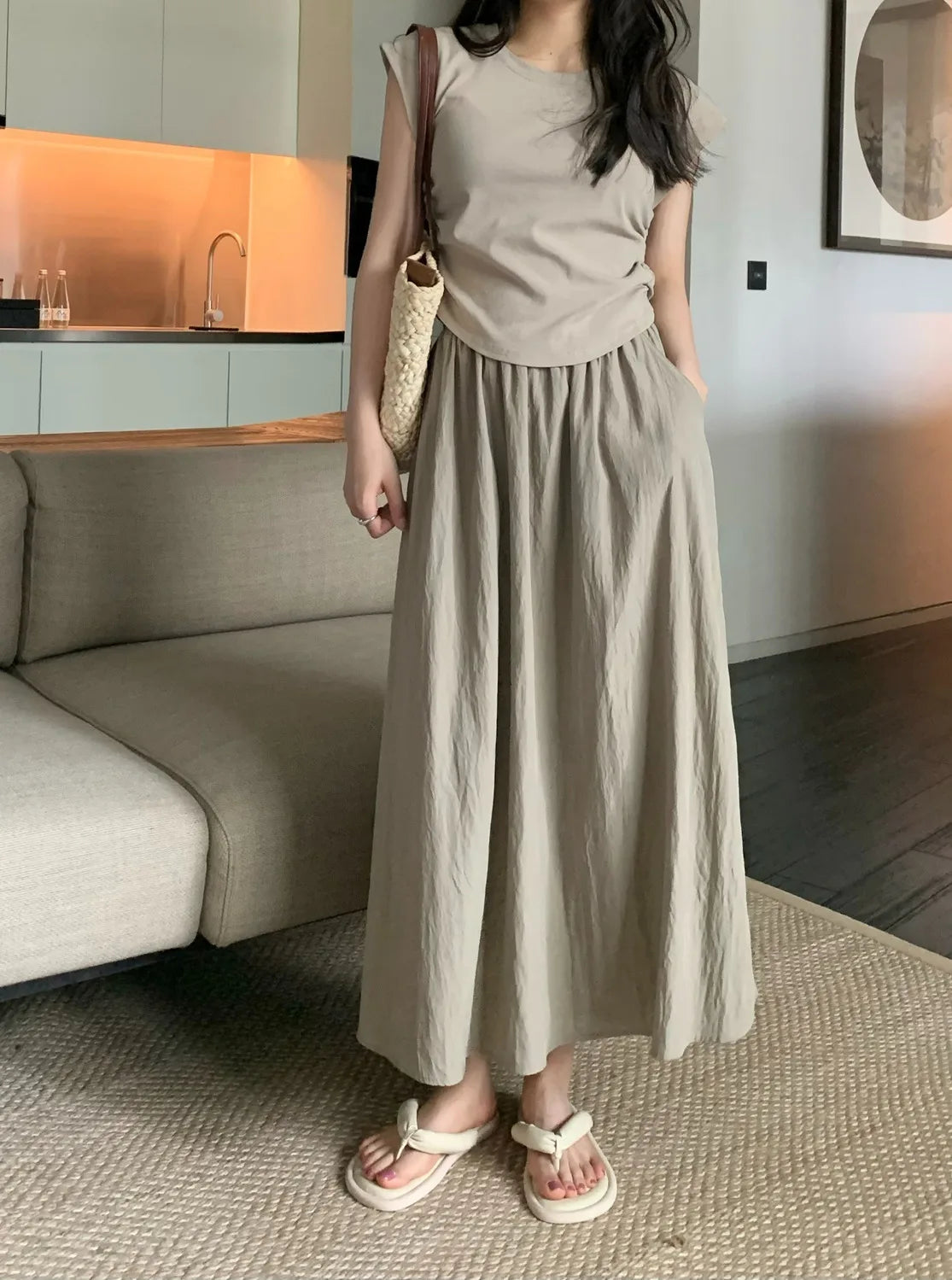 Long Skirts Women Folds Design Summer Elegant Simple All-match High Waist Solid Office Lady Clothes Vintage Korean Style Faldas