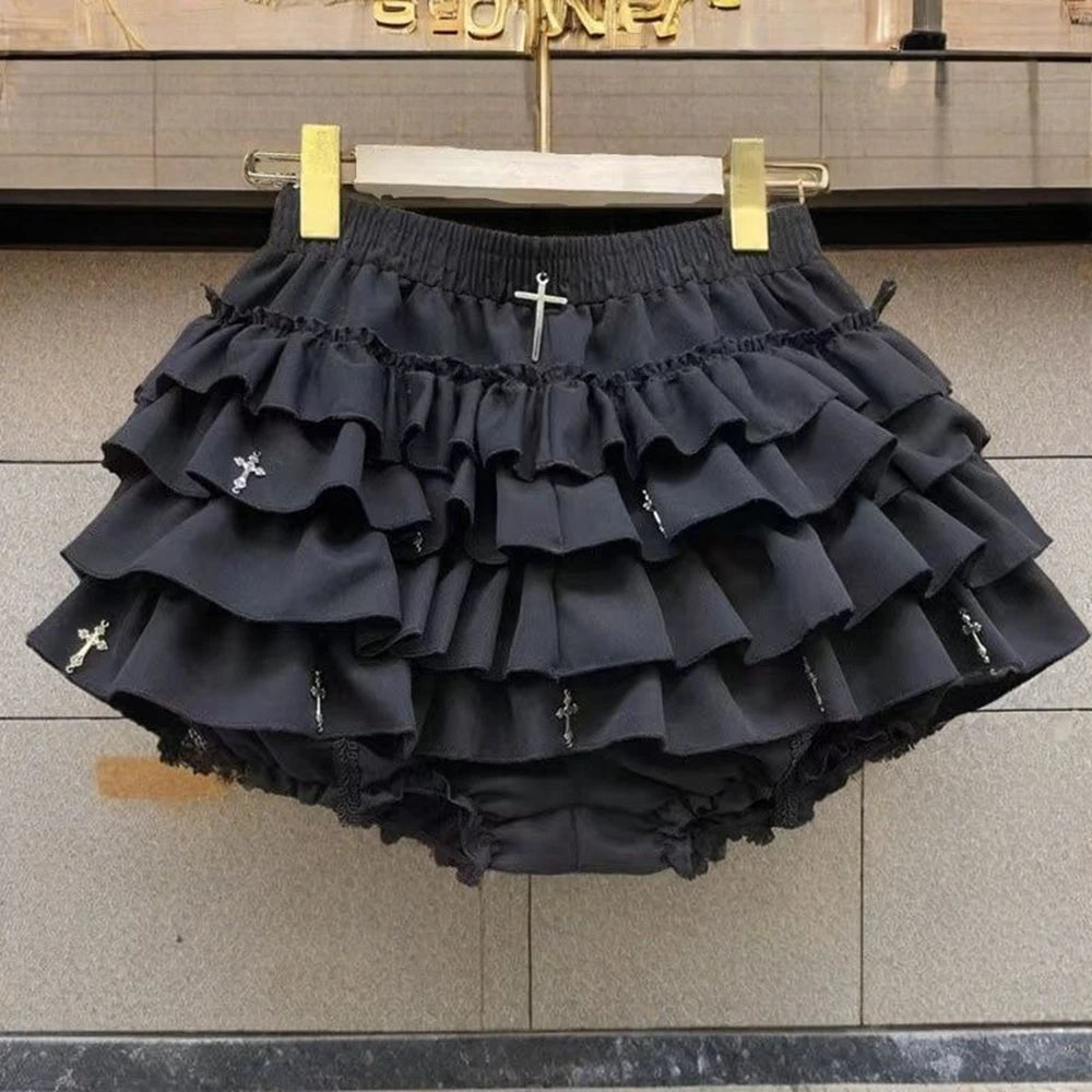 Women Mini Skirts Tiered Ruffles Gothic Skirts with Cross Charms Built-in Shorts Kawaii Sukapan Skort Punk Coquette Y2K Black