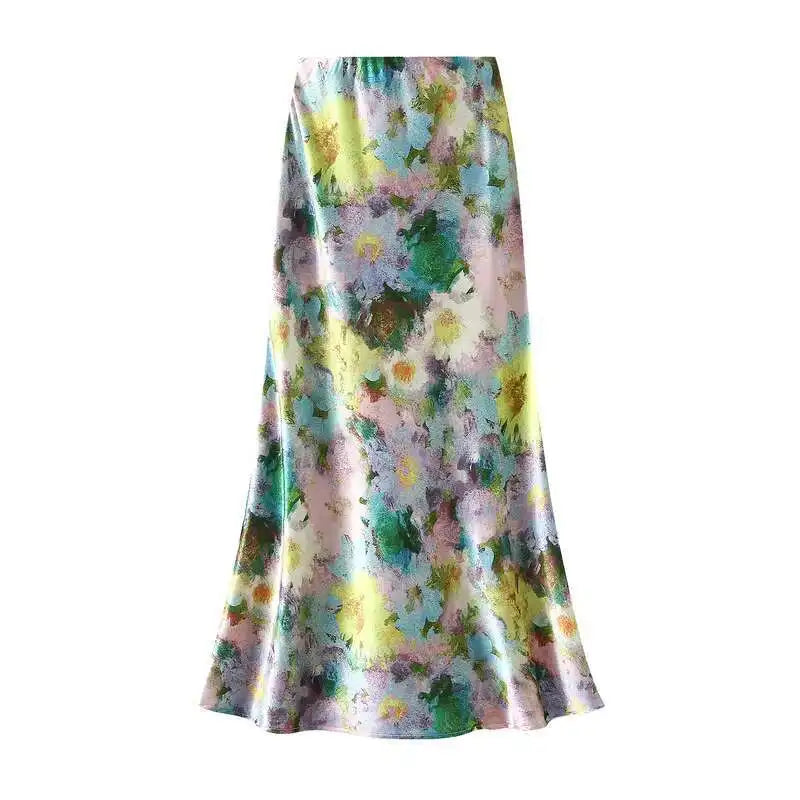 New In Women Spring Summer Floral Print Satin Long Skirts 2026 Trendy High Waist Elegant Faldas