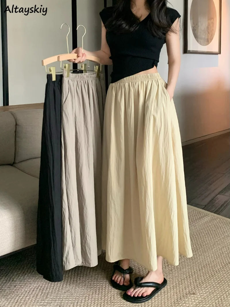 Long Skirts Women Folds Design Summer Elegant Simple All-match High Waist Solid Office Lady Clothes Vintage Korean Style Faldas