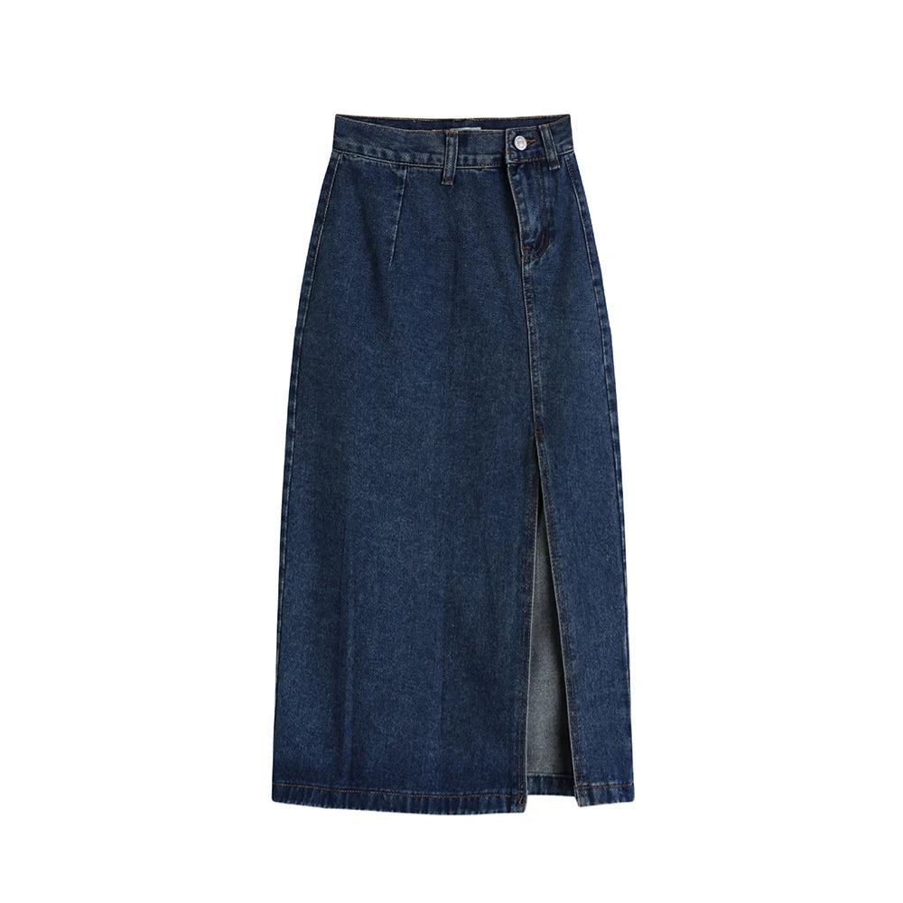 Korean Style Slim Bodycon Blue Skirts For Women 2026 Spring Summer New High Waist Split Denim Midi Skirt
