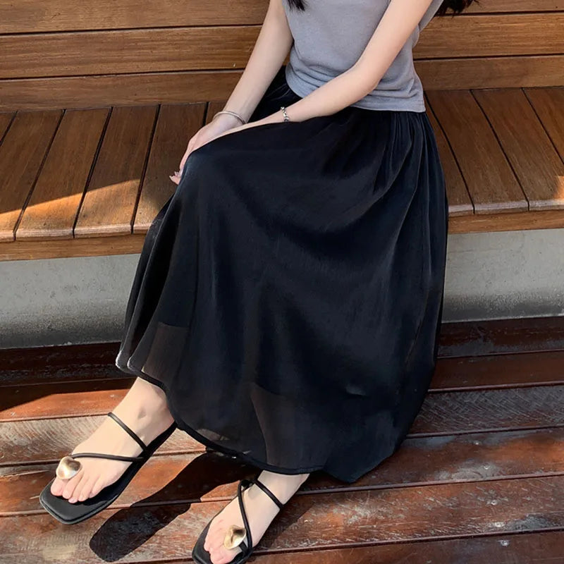 Korean Fashion Women Chiffon Skirt Summer High Waist Loose Ankl...
