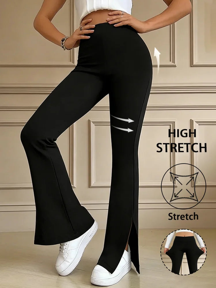 Lady's Black Slit Flared Pants, Fashionable and Sexy Lady Flared Pants, Suitable for Casual Commuting, Suitable for All Seasons