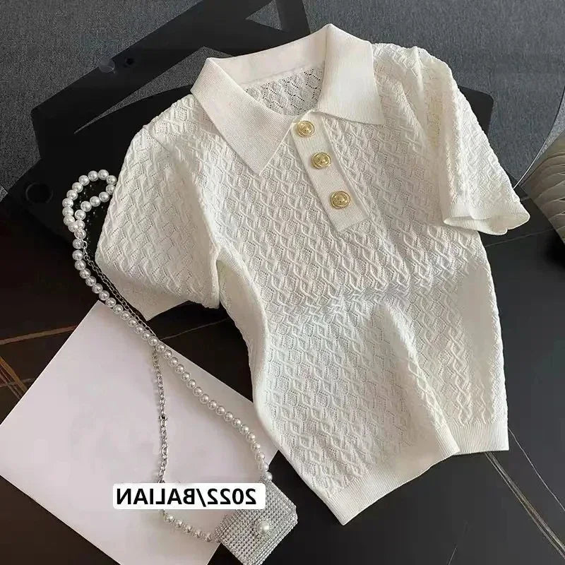FANAN Ice Silk Polo Shirt Knitted Short Sleeve T-Shirts Lady New Chic Thin Unique Jacquard Women Tops 2025 Korean Style Clothing