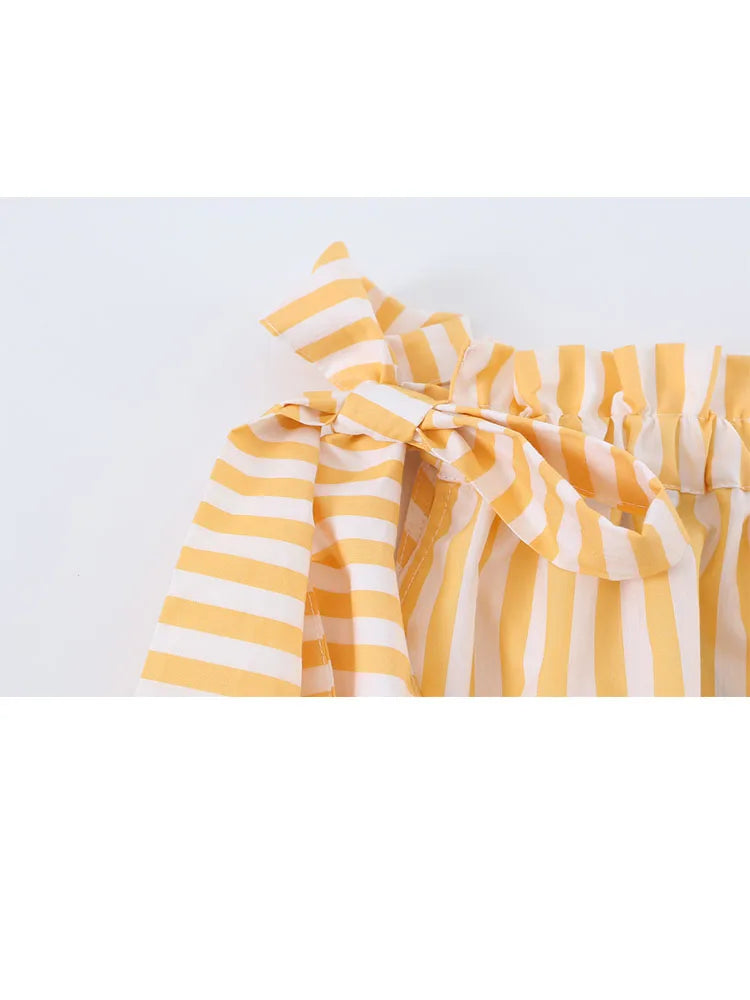 HH Women Summer Spring Preppy Fresh Yellow White Stripe Halter Blouse Spring Ruffle Neck Self Tie Sash Bubble Hem Loose Tank