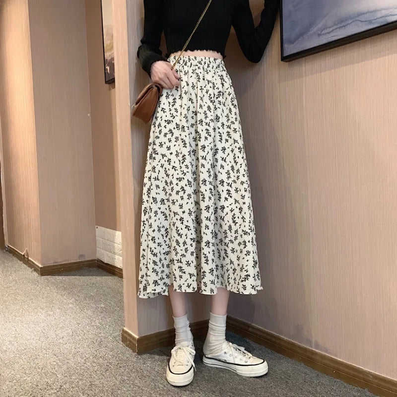 Spring Summer Casual Skirt Womens A-Line Skirts Fashion Vintage Floral Printed Chiffon Skirts Elastic High Waist Midi Skirts