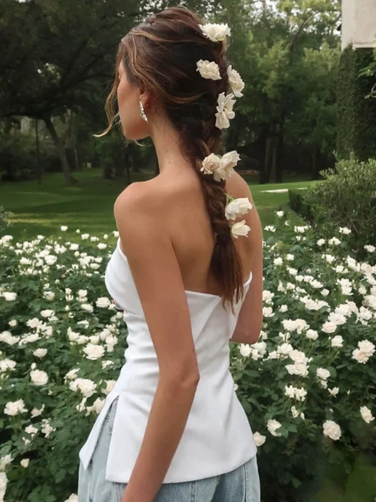 Summer Women Sexy Solid Slash Neck Backless Split Strapless Tube Top Slim Fit Party Daily Bandeau Bra