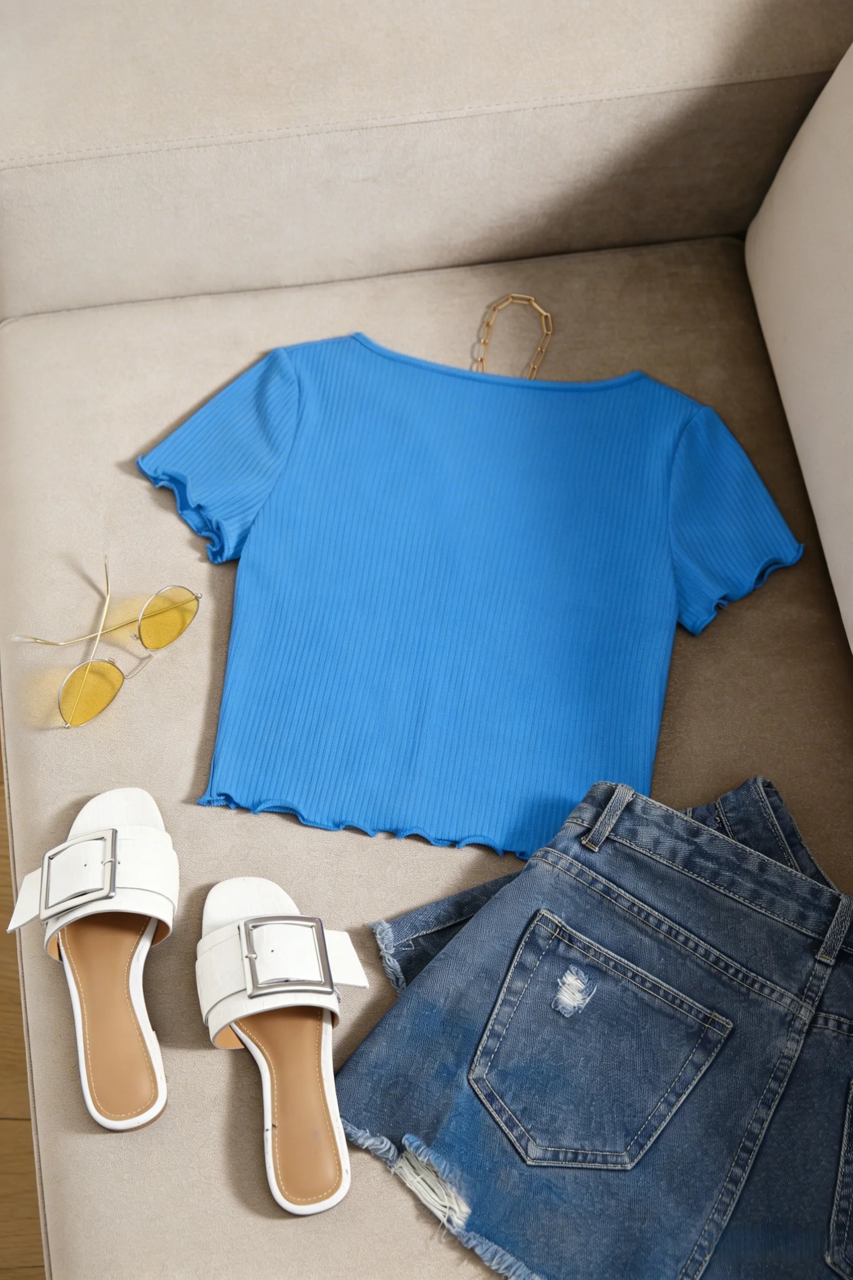 Women Bright Blue Ribbed Knit U-Neck Notch Front Ruffle Trim Short Sleeve Crop Top Casual Slim Fit Form Fitting T-Shirt For Dail