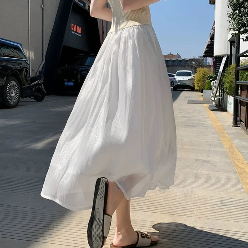 Korean Fashion Women Chiffon Skirt Summer High Waist Loose Ankle-Length Skirt Female Casual All Match A Line Skirts New