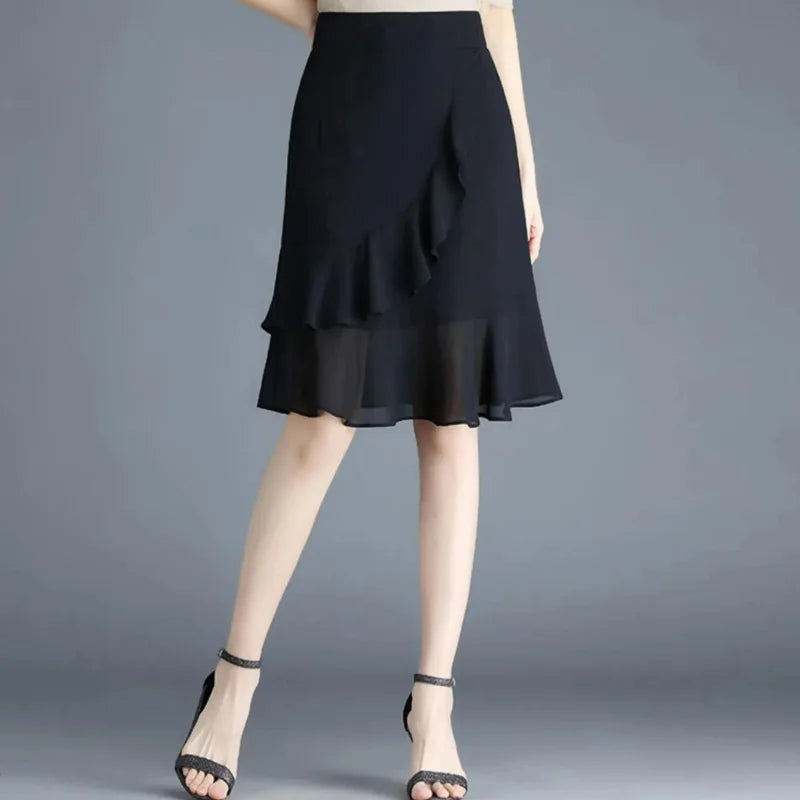 Korean Fashion Women Black Chiffon Half Skirts Summer New Offic...