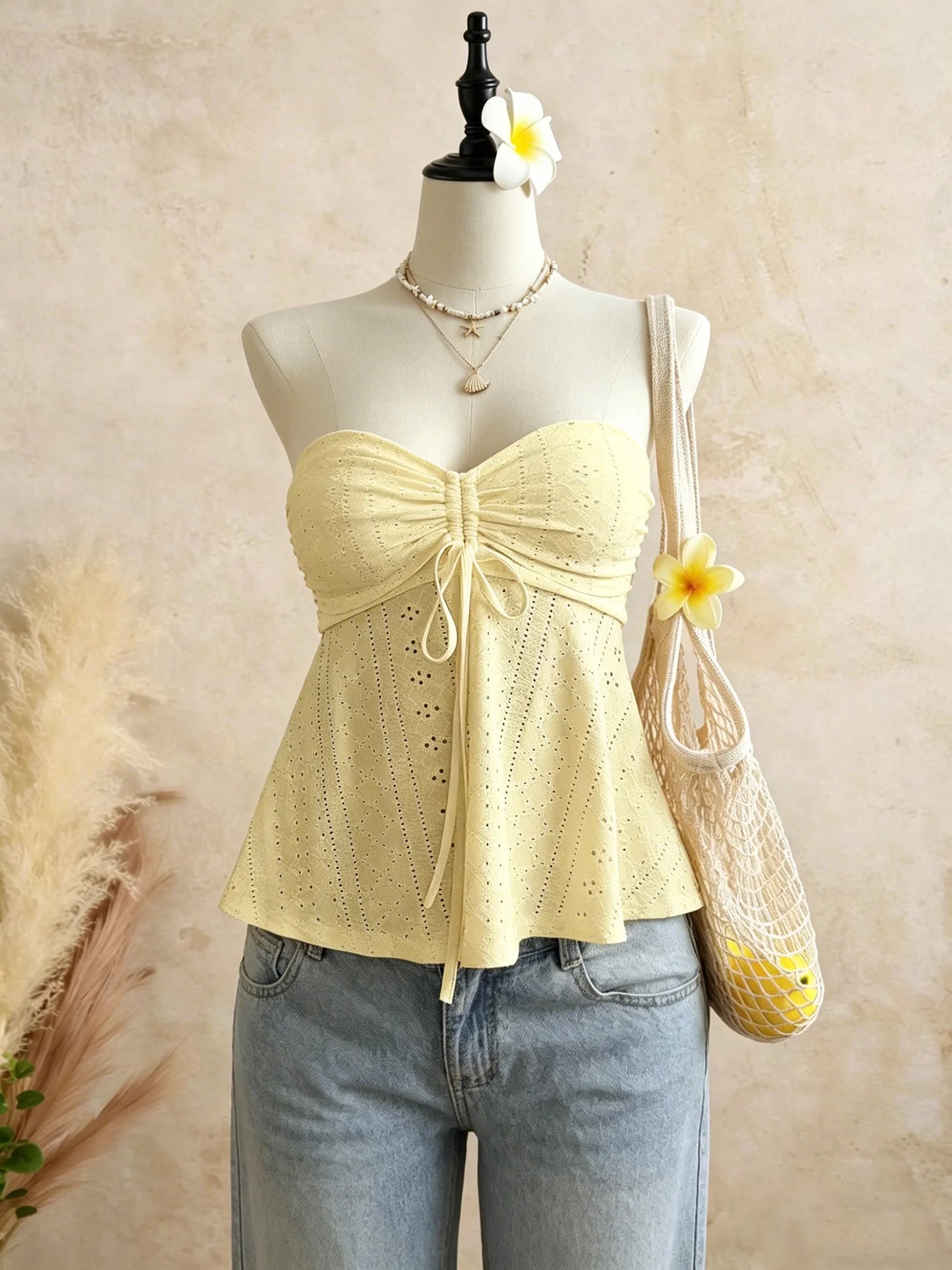 Women Yellow Eyelet Lace Tube Top Casual Ruched Tie Front Peplum Strapless Camisole