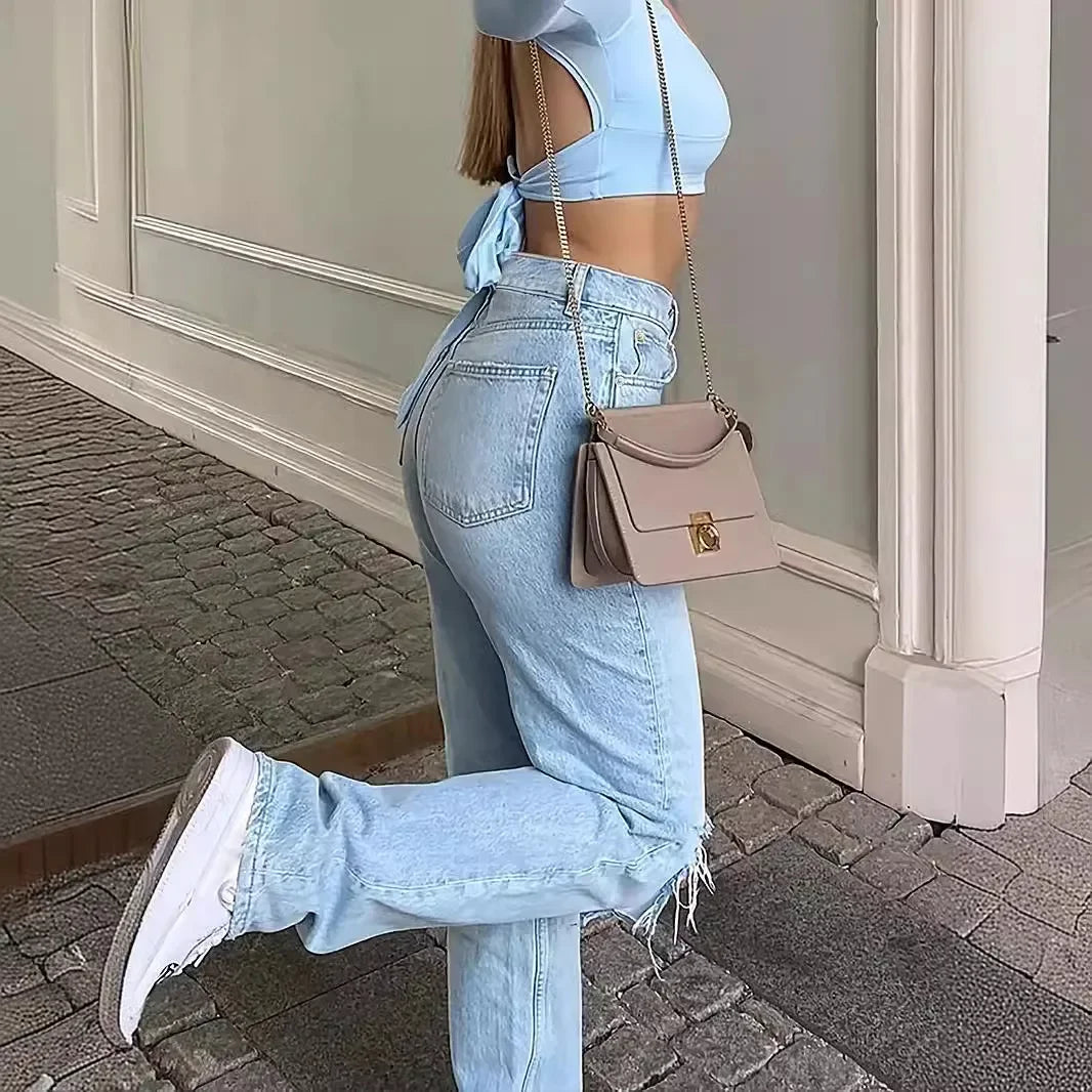 Ankle Length Ripped Holes Jean Straight Jeans Women High Waist Denim Pants Loose Washed Distressed Zipper Fly Streetwear