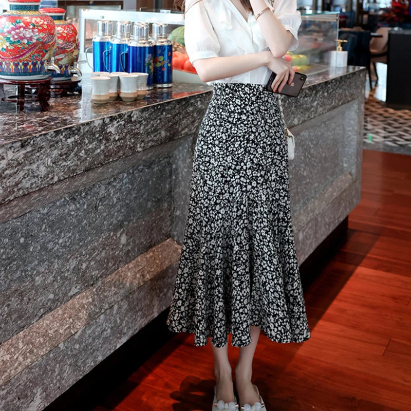 Elegant Fragmented Chiffon Half-Length Skirt Women Temperament Shirring Ruffles Hem Maxi Skirts Office Versatile A-Line Skirts