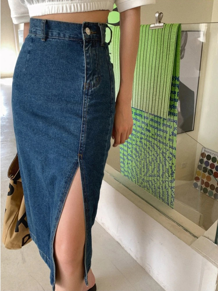 Korean Style Slim Bodycon Blue Skirts For Women 2026 Spring Summer New High Waist Split Denim Midi Skirt