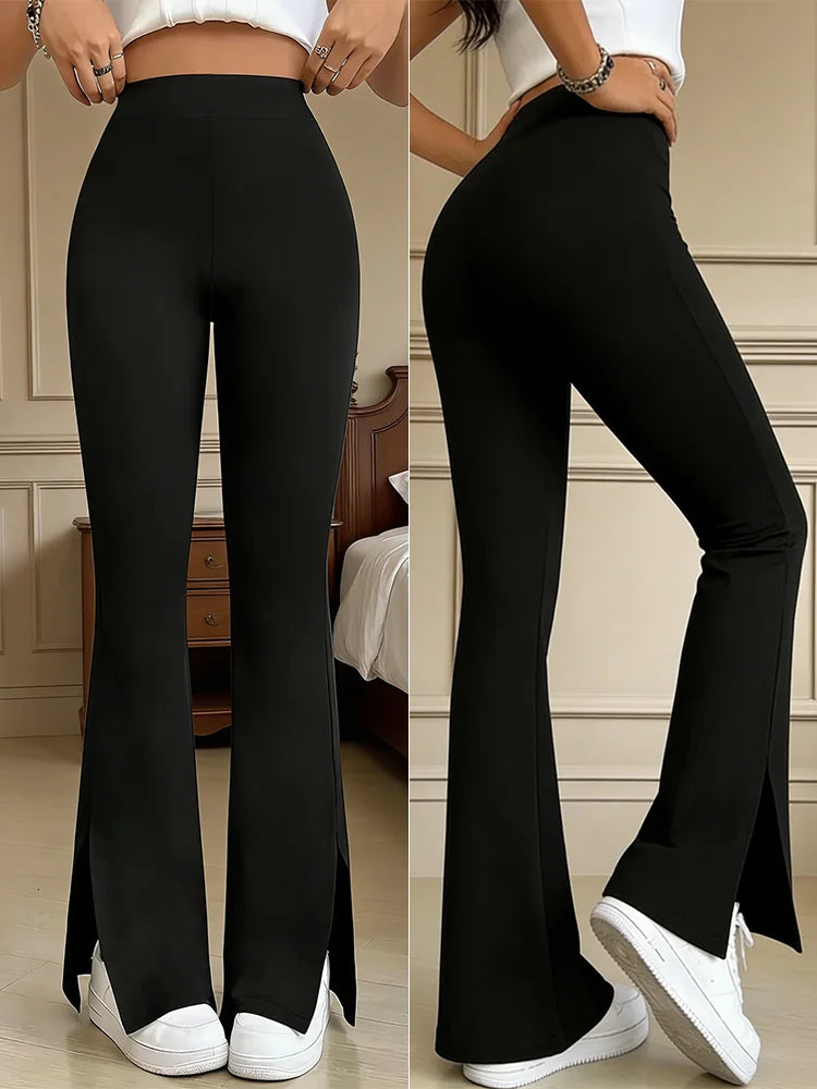 Lady's Black Slit Flared Pants, Fashionable and Sexy Lady Flared Pants, Suitable for Casual Commuting, Suitable for All Seasons