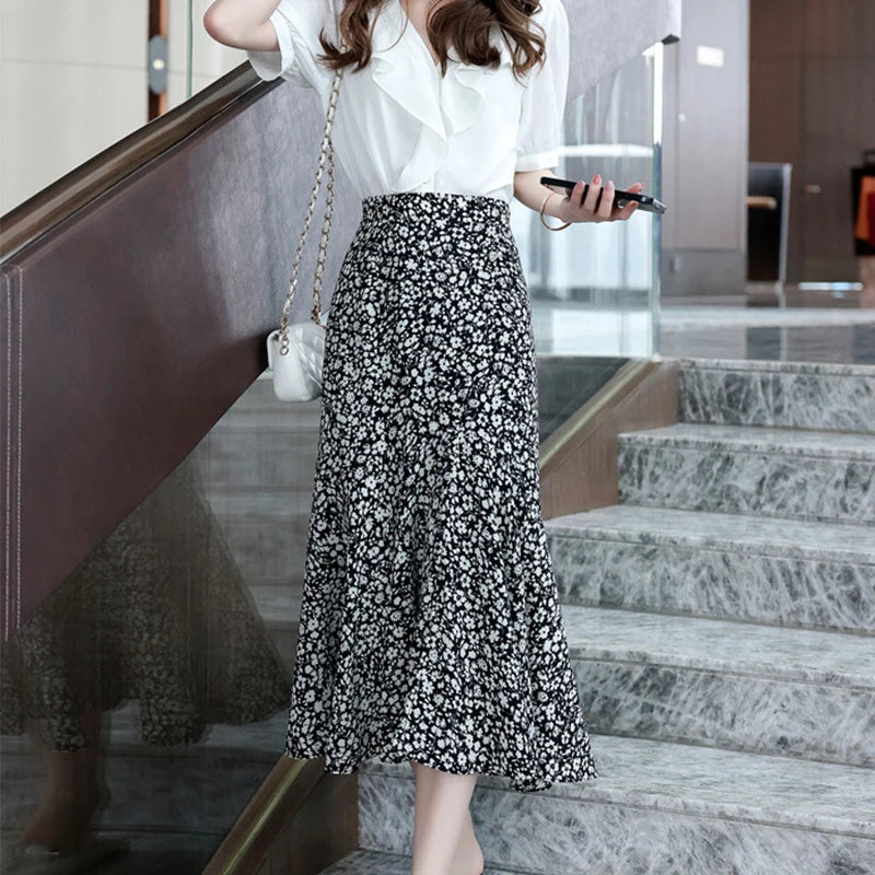 Elegant Fragmented Chiffon Half-Length Skirt Women Temperament Shirring Ruffles Hem Maxi Skirts Office Versatile A-Line Skirts