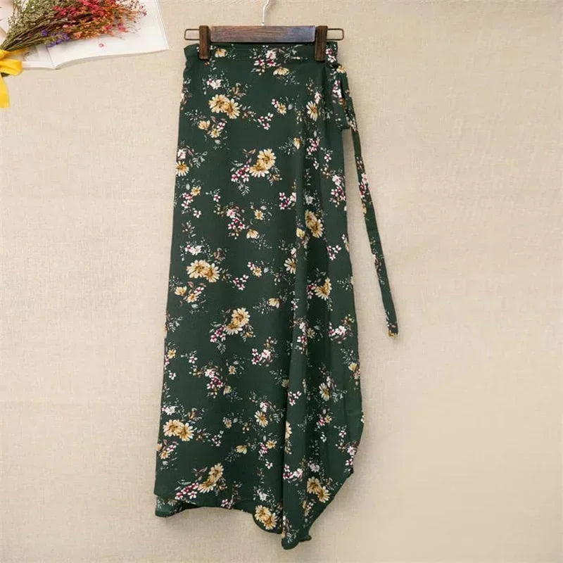 Wrap Skirts Women Casual Chiffon Tie-Waist Ruffle Wide Leg Loose One Piece Split Print Holiday Bodycon Skirt Women