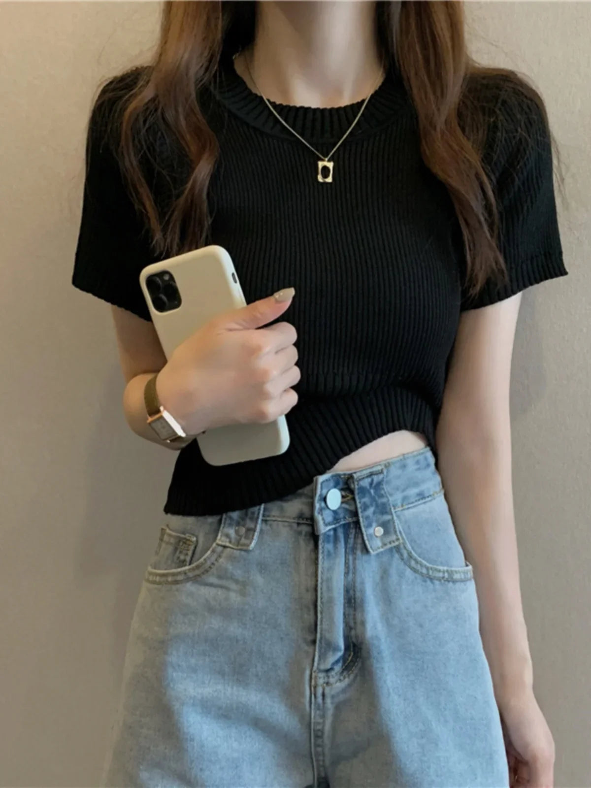 Spring Summer Casual Short Sleeve Crop Tops Knitted T-Shirt Women Pullover Shirts Tops Female Elastic Slim Knit Tee T-Shirts