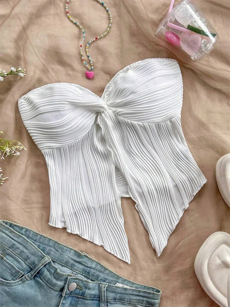 Twist Knot Front Crop Top for Women Summer Sexy Off the Shoulder Tube Tank Top Streetwewar Y2K Clothes
