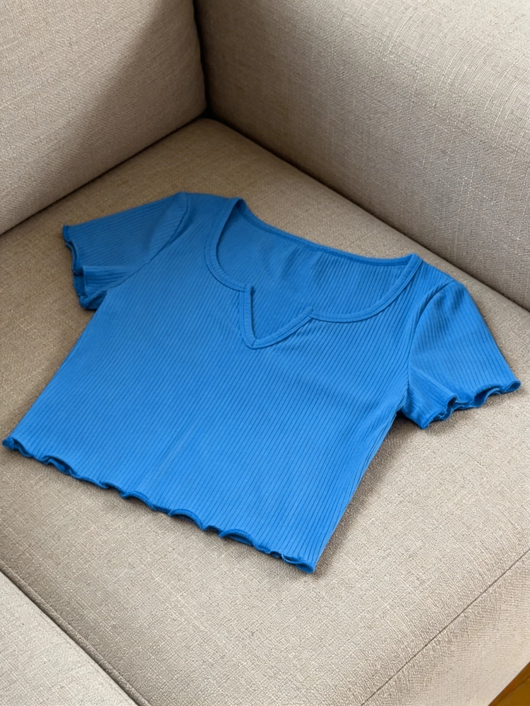 Women Bright Blue Ribbed Knit U-Neck Notch Front Ruffle Trim Short Sleeve Crop Top Casual Slim Fit Form Fitting T-Shirt For Dail
