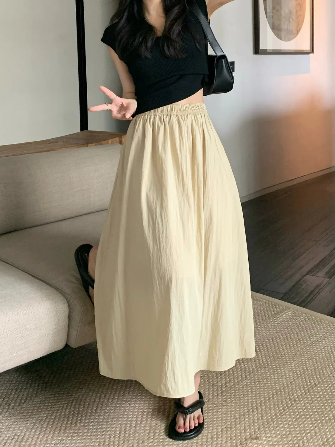 Long Skirts Women Folds Design Summer Elegant Simple All-match High Waist Solid Office Lady Clothes Vintage Korean Style Faldas