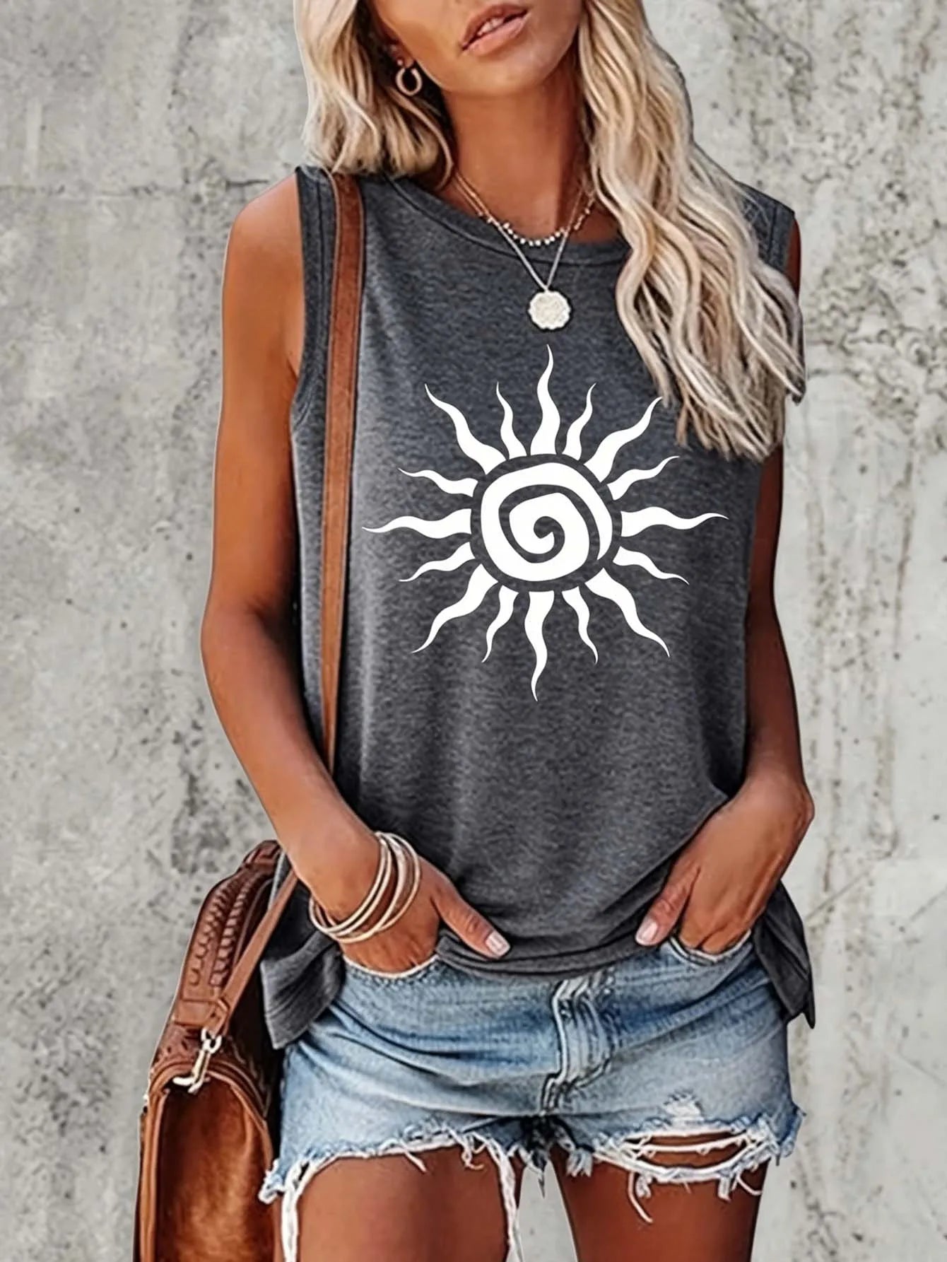 Women's vintage outdoor sports fitness summer casual spiral sun print sleeveless top, soft and breathable