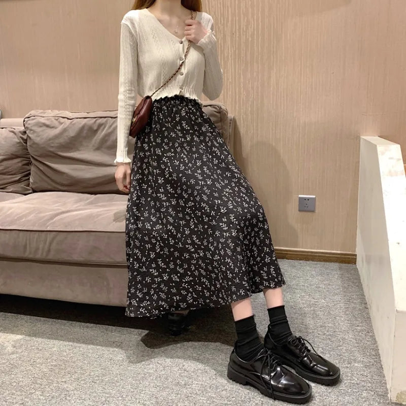 Spring Summer Casual Skirt Womens A-Line Skirts Fashion Vintage Floral Printed Chiffon Skirts Elastic High Waist Midi Skirts