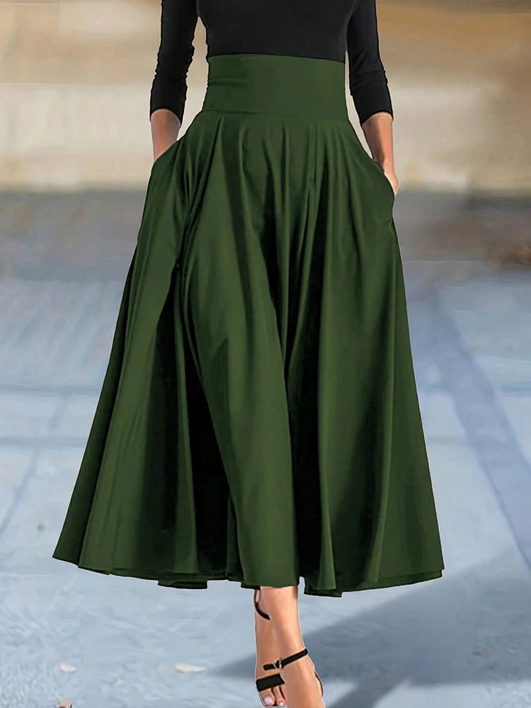 New In Dresses Solid Color A-line Skirts for Woman Clothing High Elastic Waist Long Skirt Women With Bow Elegant Women's Skirts
