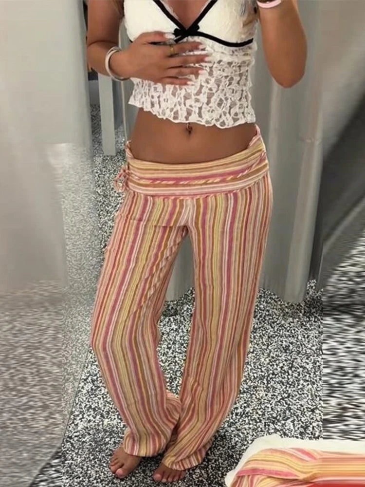 Multicolor Pastel Striped Side Tie  Low Waist Pants Flared Full Length Y2K Colorful Trousers 2026 Spring Casual Fashion Outfit