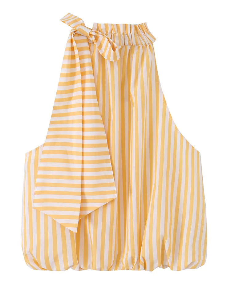 HH Women Summer Spring Preppy Fresh Yellow White Stripe Halter Blouse Spring Ruffle Neck Self Tie Sash Bubble Hem Loose Tank