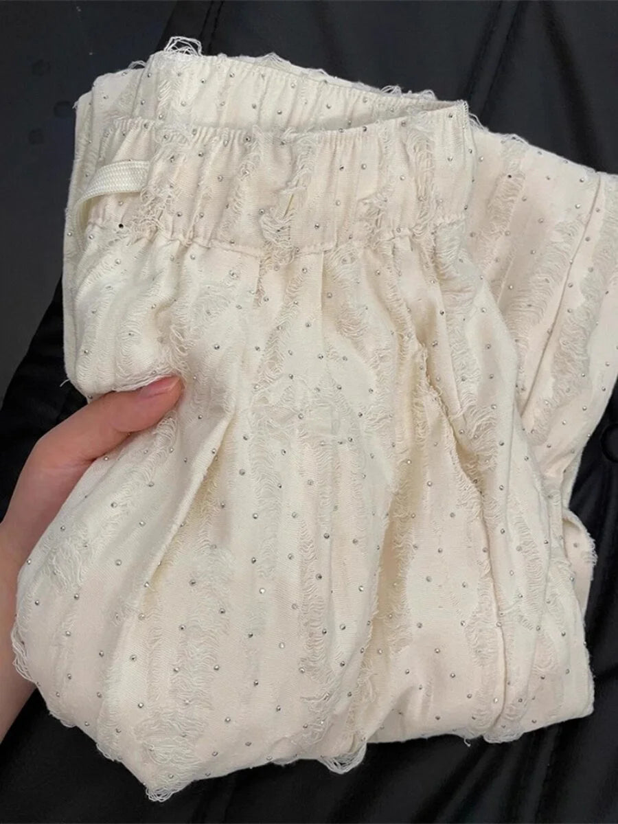 Y2k Streetwear Hot Diamonds Wide-legged Pants Grunge Hole Women Clothing High Waisted Baggy Straight Pants Design Chic Trouser
