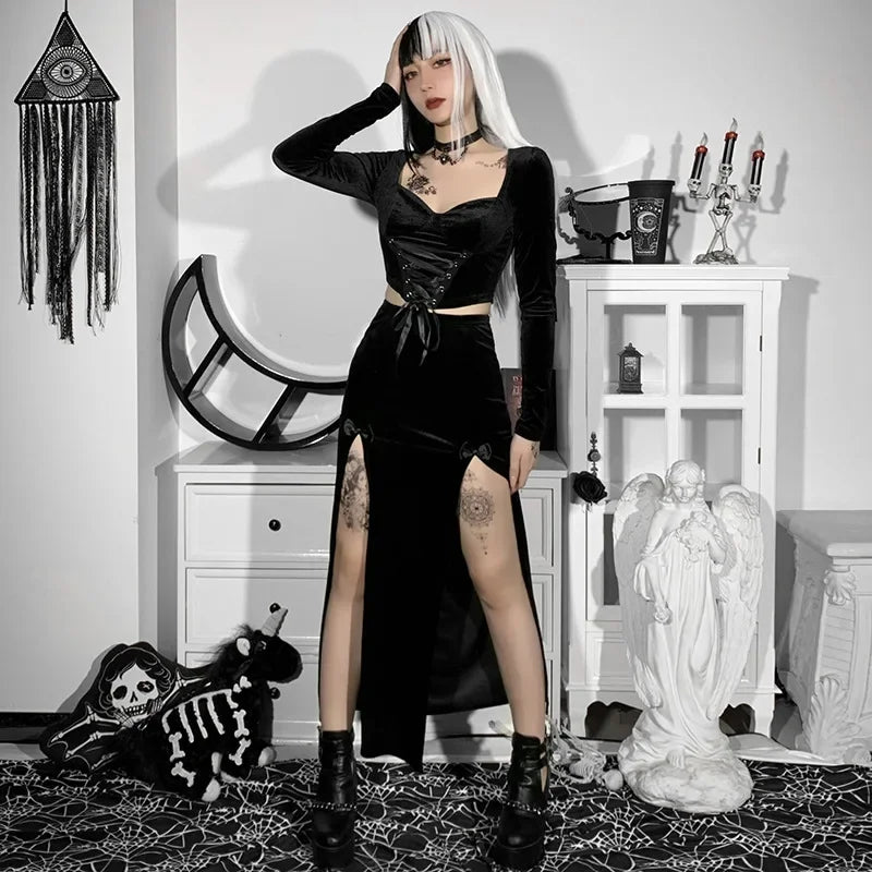 Punk Style Skirt Women's New Chic Halloween Festival Long Party Skirt High Waist Slim Bow Sexy Side Split Knee-Length Skirts