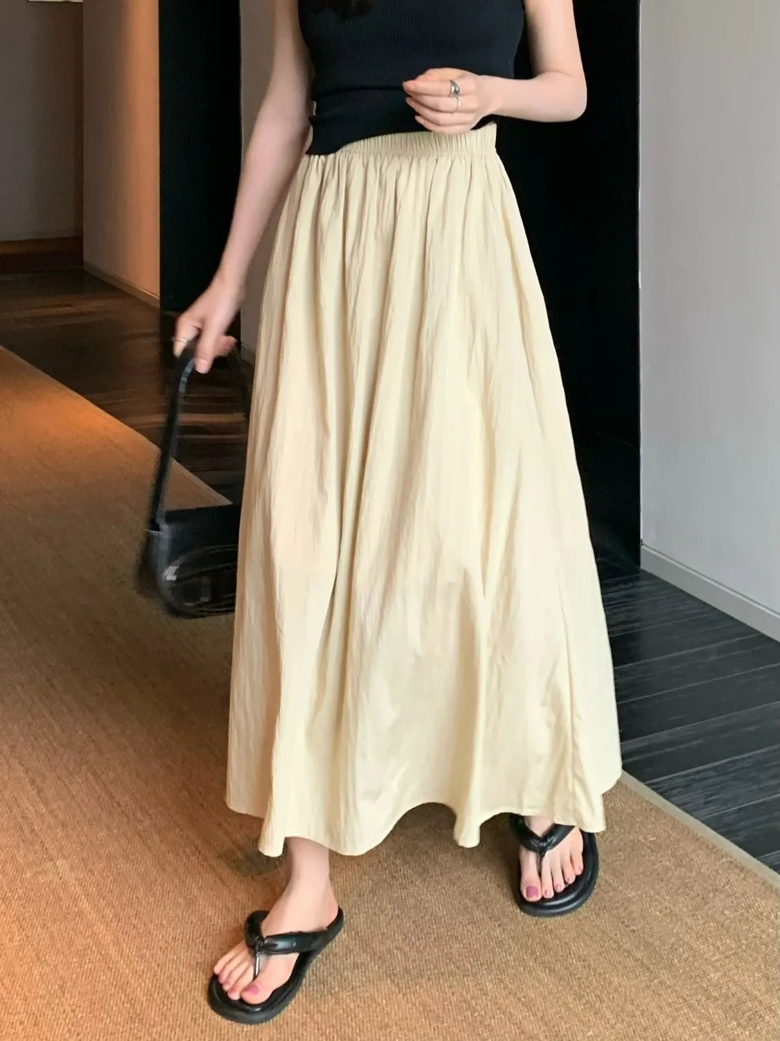 Long Skirts Women Folds Design Summer Elegant Simple All-match High Waist Solid Office Lady Clothes Vintage Korean Style Faldas